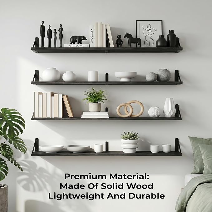 Long Wall Shelf,Large Floating Shelves for Wall,Wood Floating Bookshelves Hanging,Book Storage Display for Living Room Bedroom Office Bathroom Decor,4 Pack,47 Inch,Rustic Black