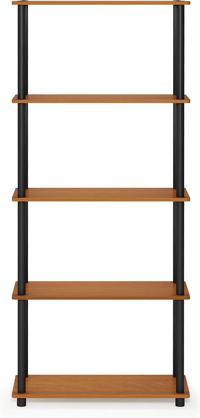 Furinno TURN-N-TUBE Storage Shelves, 5-Tier Book Shelf, Corner Shelf, Toolless Open Shelves, for Organization and Storage, Living Room, Garage, Home Office, Light Cherry