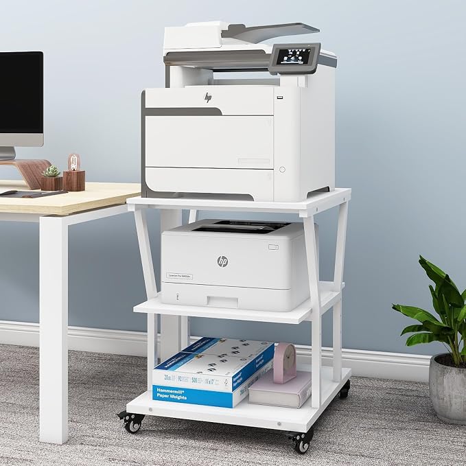 Natwind 3-Tier Large Printer Stand,23.6"x23.6"x29.5" Heavy-Duty Printer Table Cart with Paper Storage Shelf & Wheels,Ideal for Home Office Laser Printers, Copiers (White)