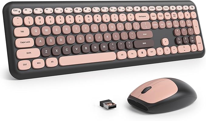Surmen Cute Colorful Keyboard and Mouse Wireless Silent, Full-Size Retro Typewriter Wireless Quiet Black and Pink Keyboard Low-Noise 2.4GHz for Computer, Desktop, Laptop(6-Heimei)