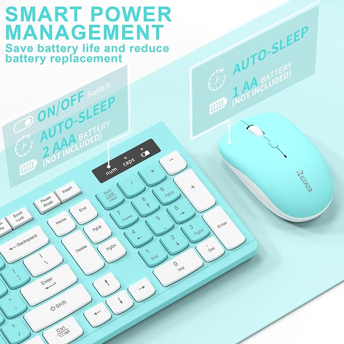 RECCAZR Wireless Keyboard and Mouse Combo, Full-Sized Keyboard and Adjustable DPI Mouse, 2.4GHz USB Receiver, Wireless for PC, Windows, Desktop, Laptop (Blue)
