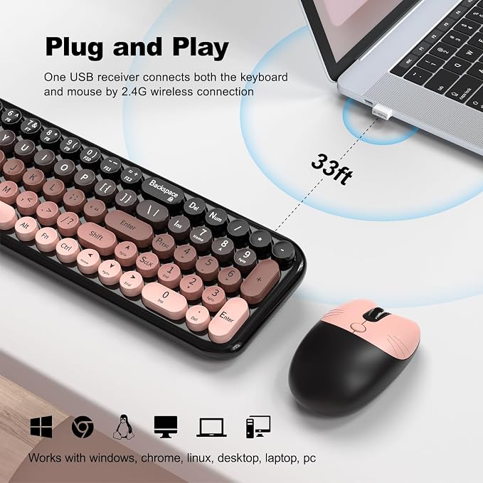 MOFII Wireless Keyboard and Mouse Combo, Compact Small Keyboard with Large Print, 2.4GHz Retro Typewriter Keyboard, Quiet Click Mouse for PC, Laptop, Desktop, Windows (BlackBerry Gradient)