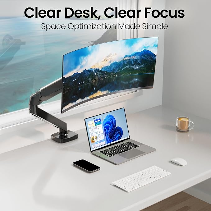 EVEO Premium Single Monitor Arm 14"–34", Adjustable Gas Spring Monitor Mount, Single Arm Desk Mount for 34 Inch Computer Screens, VESA Compatible Stand with Clamp and Grommet Base – Black