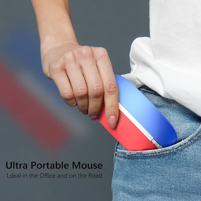 JOYACCESS Rechargeable Wireless Mouse, 2.4G Portable Slim Silent Mouse with USB Receiver and Type C Adapter, 5 Level 3000 DPI, Works with Mac or iPad (Blue & Red)