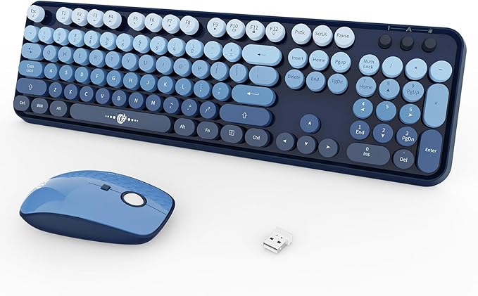 FOPETT Wireless Keyboard and Mouse Combo, 104 Keys Full-Sized 2.4 GHz Round Keycap Colorful Keyboards, USB Receiver Plug and Play, for Windows, Mac, PC, Laptop, Desktop (GradientBlue)
