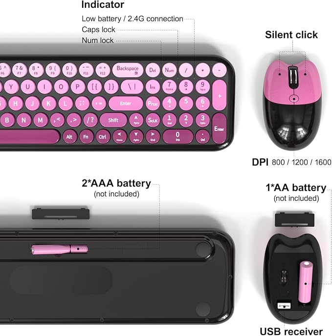 Wireless Keyboard and Mouse Combo, Meidosa 2.4GHz Colorful Full-Size Retro Typewriter Keyboard with Cat Shape 3 Level Adjustable Optical Mouse for PC/Desktop/Laptop/Windows (Black Pink)
