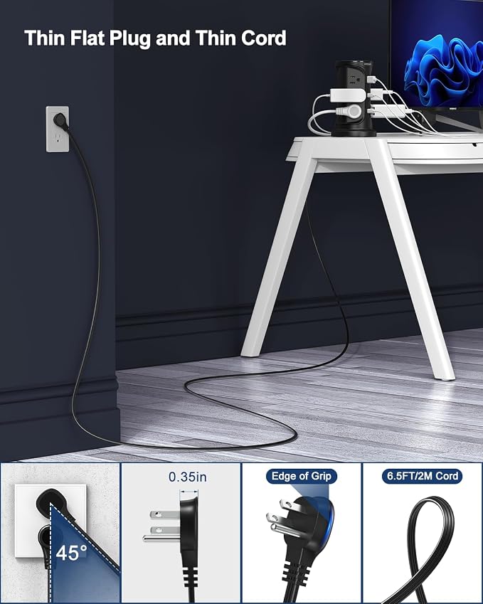 Tower Surge Protector Power Strip Flat Plug with 12 AC Outlets 3 USB Ports(2 Type C), 6.5 FT Ultra Flat Extension Cord with Multiple Outlets, Outlet Extender with Screw Wall Mount for Home Office Dorm