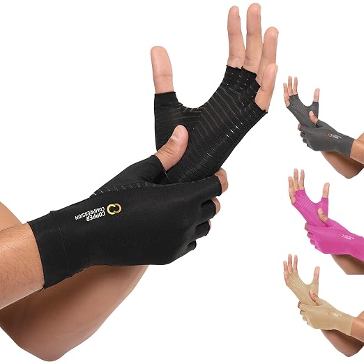 Copper Compression Arthritis Gloves | Fingerless Arthritis Carpal Tunnel Pain Relief for Men & Women | Hand Support Wrist Brace for Neuropathy, Rheumatoid, Tendonitis, Swelling, Crocheting, Typing (L)