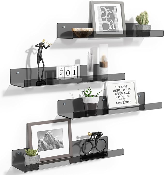 upsimples Acrylic Shelves for Wall Decor, 15" Display Shelf Perfume Organizer for Bathroom, Bedroom, Living Room, Floating Bookshelves for Kids, Clear Black, 4 Pack
