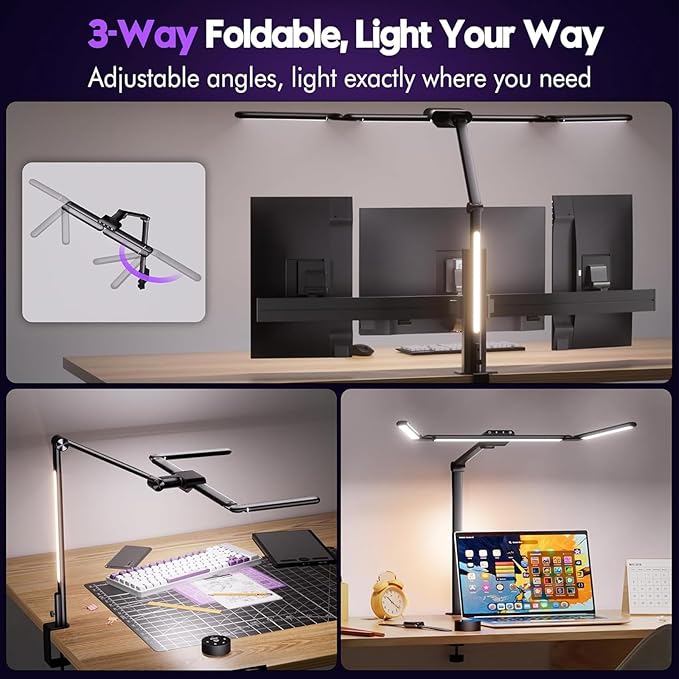 Quntis 32.5" Architect Desk Lamps for Office Home Dorm - Eye Care 3 Light Bar 1100LM Bright, Ambient Backlight, Radar Sensor, Remote Control, 2H Timer, Workbench Drafting Reading Video Conference Task