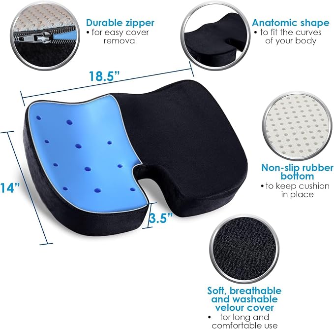 Memory Foam Seat Cushion & Lumbar Support Pillow for Office Chair Car Wheelchair Orthopedic Chair Pad and Back Cushion with Adjustable Straps for Lower Back, Tailbone, Sciatica, Hip Pain Relief