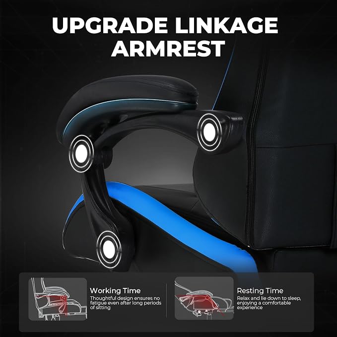 GTPLAYER Gaming Chair High Back Computer Chairs for Adults, Ergonomic Height Adjustable Recliner Chair 300lbs with Linkage Armrest and Lumbar Support for Home Office, Dark Blue