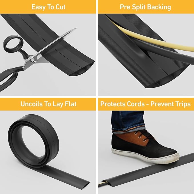 D-Line 30ft Floor Cord Cover, Floor Cable Protector, Extension Cord Cover, Protect Wires & Prevent Cable Trips, Cable Management Solution - Cord Cavity = 0.63" (W) x 0.31" (H) - Black