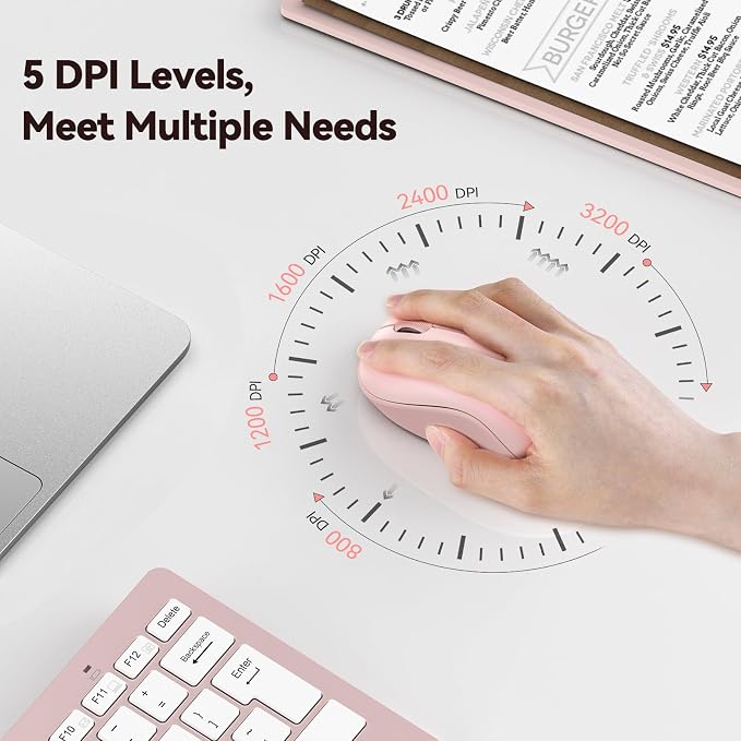 TECKNET Wireless Mouse for Laptop, 2.4G Silent Computer Mouse Quiet Click with 5 DPI Levels,Contoured Grip,Small Portable 30 Months Battery Cordless Mice for PC, Chromebook, Mac - Pink