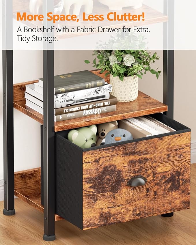 Furologee 6 Tier Bookshelf, Tall Shelf with Drawer, Wood and Metal Bookshelves Storage Organizer, Industrial Display Shelving Unit for Bedroom, Living Room, Home Office, Rustic Brown