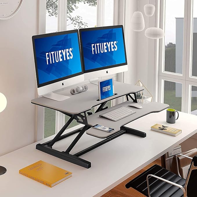 FITUEYES Height Adjustable Standing Desk 36” Wide Sit to Stand Converter Stand Up Desk Tabletop Workstation for Laptops Dual Monitor Riser White SD309103WW