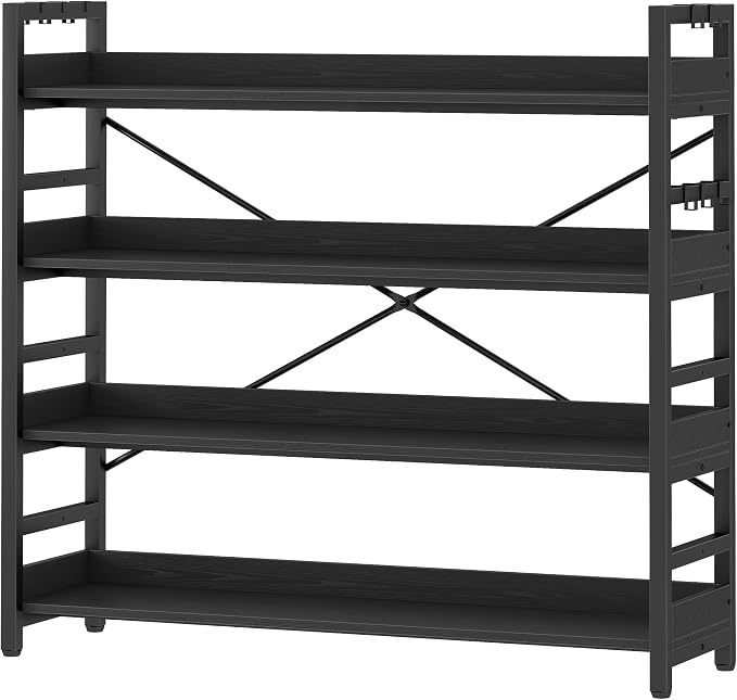 HCHQHS Bookshelf, Adjustable Industrial Bookcase, Vertical Tall Book Shelf, Wood and Black Metal Open Bookshelves for Home Office, Living Room, Bedroom (Black, 4-Tier (47" W x 44" H))