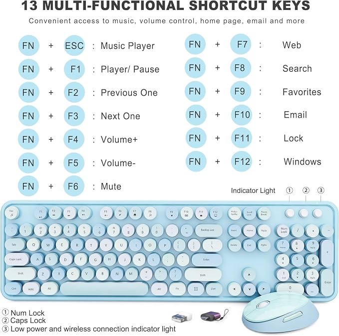 Wireless Keyboard and Mouse Combo, Ergonomic Full Size Typewriter Retro Round Keycaps Keyboard, Compatible with Windows, PC, Perfer for Home and Office Keyboards (Blue