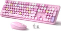 Links9+ Wireless Keyboard and Mouse, Full-Size Retro Typewriter Keyboard with Round Keycaps, 2.4GHz for Windows, Mac, Laptop, PC, Desktop (Pink Colorful)