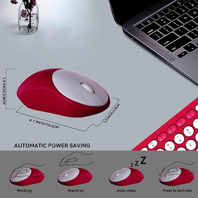 FD Wireless Keyboards and Mouse Combo - 2.4GHz USB Cordless, Cute Wireless Keyboard Round Keys, Quiet and Slim Set for Laptop, Computer, TV and Mac - Strawberry White Colorful