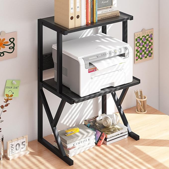 aboxoo Desktop Printer Stand with 3 Tier Wood Storage Shelves,Under Desk Printer Table,Multi-Purpose Home Office Desk Organizer for Fax Machine, Scanner (Black)