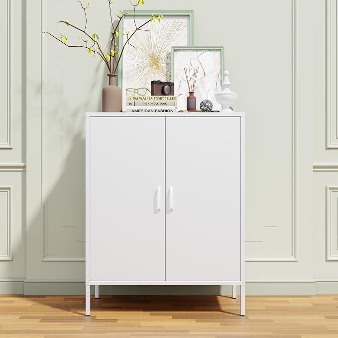 Chshin White Metal Storage Cabinet,Metal Locker Storage Cabinet with 2 Doors and Shelves,Kitchen Pantry Cabinet,Modern Storage Freestanding Organizer Rust for Home,Kitchen,Office