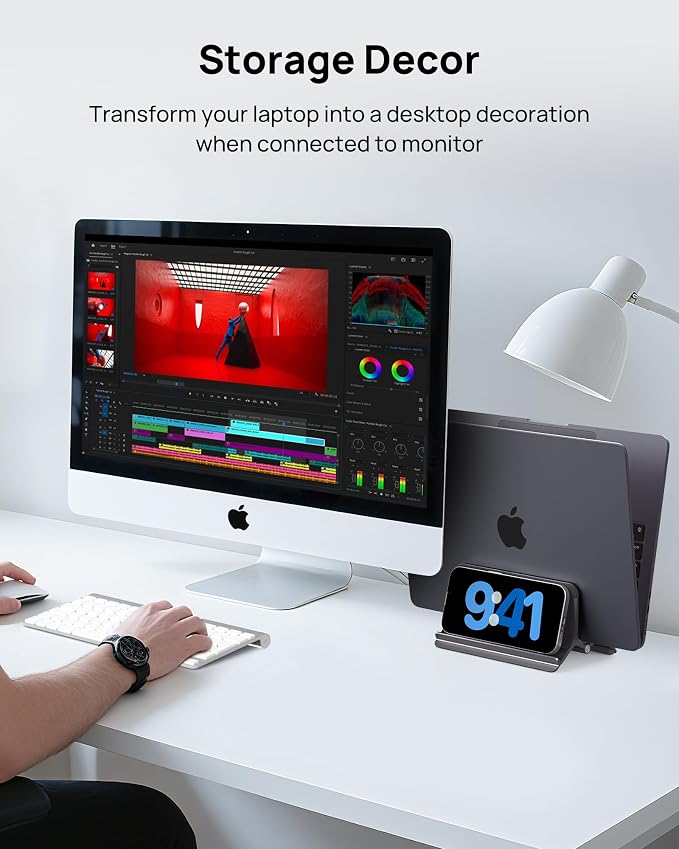 SODI Vertical Laptop Stand for Desk, Aluminum Laptop Holder Compatible with MacBook Pro, MacBook Air Stand Up to 17 inch, Gravity Auto-Lock Cooling, 3in1 Space Saving Desk Organizer Accessories, Gray