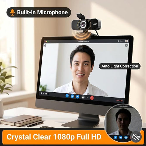 1080P Webcam for PC & Laptop with Microphone — Stay Connected | Plug and Play No Driver, Crystal Clear Video Auto Lighting, Privacy Physically Protected, Mount It Anywhere in Seconds