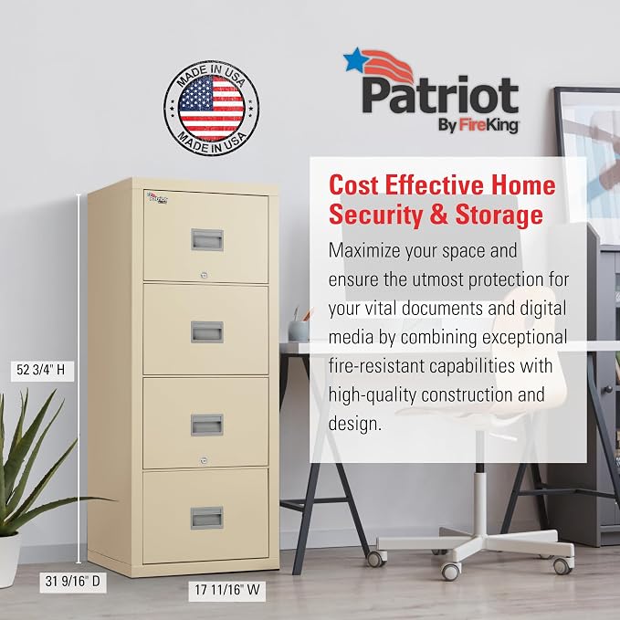 FireKing Patriot Vertical 4 Drawer Legal & Letter Fire Safe File Cabinet, Key Lock, 1 Hour Fire Rated UL Rated & Water Resistant, USA Made, Parchment