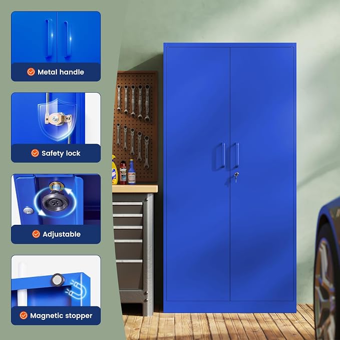 Yizosh Metal Garage Storage Cabinet with 2 Doors and 5 Adjustable Shelves - 71" Steel Lockable File Cabinet,Locking Tool Cabinets for Office,Home,Garage,Gym,School (Blue)