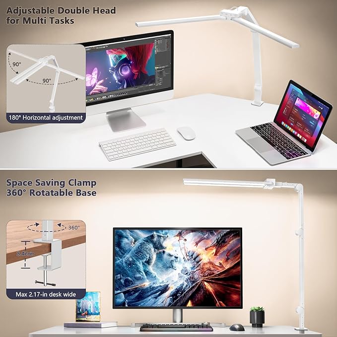 KableRika Desk Lamp,Double Head Desk Lamp with Clamp,24W Led Desk Lights for Home Office Ultra Bright Architect Table Lamp 4 Brightness 4 Color,Auto Dimming Task Lamp for Monitor Work Study White