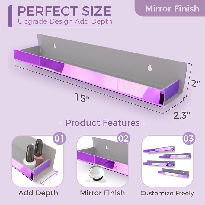 4 Pack 15 Inch Purple Reflective Acrylic Shelves, Purple Floating Shelves, Modern Sunglasses Essential Oil Picture Ledge Display Toy Storage Shelf
