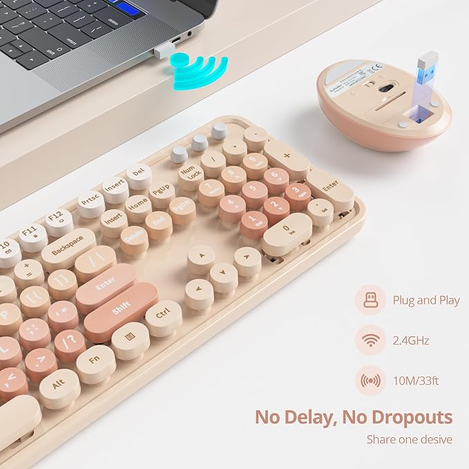 GTSP Colorful Brown Wireless Keyboard and Mouse Combo, Retro Wireless Typewriter Full-Size Cute Office Keyboard 2.4GHz with Round Keycaps for Desktop Laptop and PC (Cute Brown)