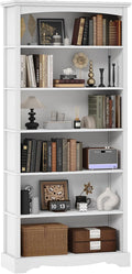 TVU 6-Tier Wooden Bookshelf, 76 Inch Tall Bookshelf with Storage, Floor Standing Modern Style Display Bookcase for Living Room, Office, Study Room, Entryway, White