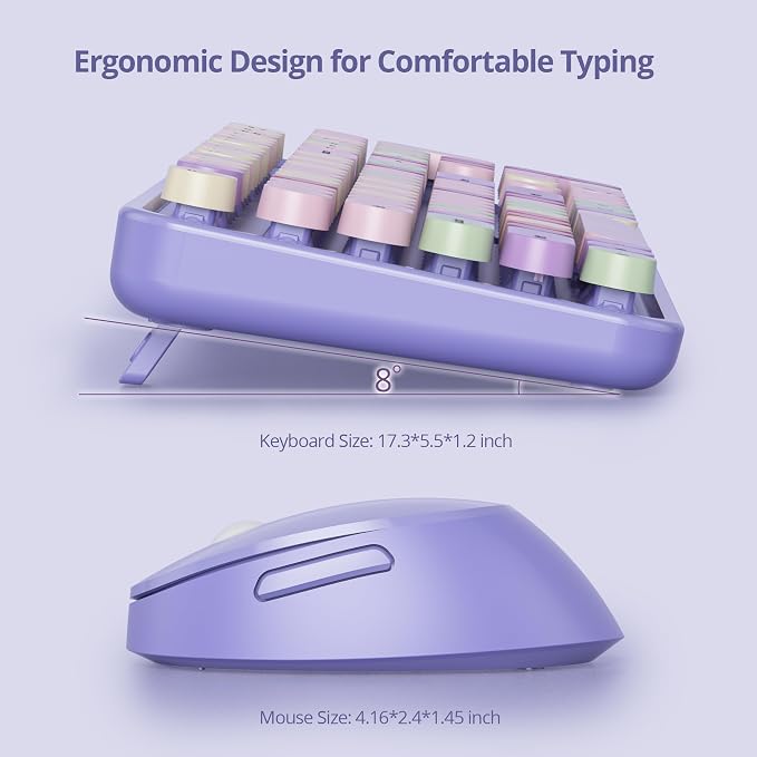 GTSP Typewriter Colorful Purple Keyboard and Mouse Wireless, 2.4GHz Full-Size Retro Cute Office Computer Keyboard with Round Keycaps for Desktop Laptop and PC (Colorful Purple)