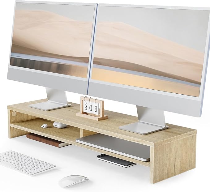 Fenge Monitor Stand, 31.5 Inch Computer Monitor Riser for Desk, 2 Tiers Wood Desk Shelf with Storage, Desktop Organizer for PC, Laptop, Screen, Printer