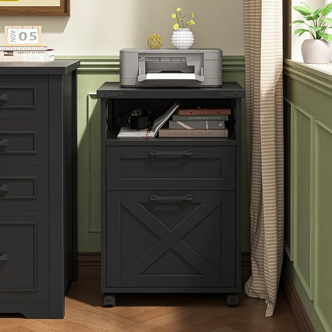 Farmhouse Filing Cabinet with Open Storage Space & Wheels, Office Filing Vertical Cabinet with 2 Drawers, Printer Stand for Hanging Files Letter/A4, Under Desk Storage Cabinets for Home Office.Grey