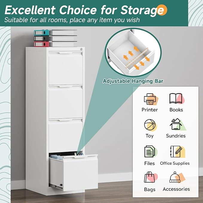 4 Drawer File Cabinet, Vertical Filing Cabinets for Home Office, 17.8" d Metal File Cabinets with Lock, White Deep File Cabinets for Legal/Letter Size File, Easy Assembly