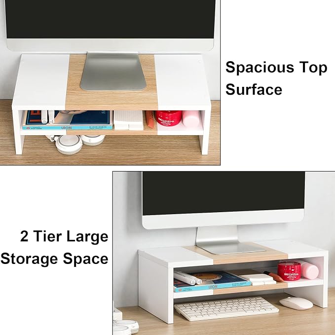 TEAMIX 2 Tiers Desktop Monitor Stand Riser 20 Inch Printer Stand with Storage Small TV Riser Laptop Wooden Desk Organizer Shelf Bookshelf Maple (White+Maple, 2 Tiers)