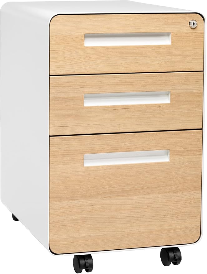 Laura Davidson Furniture Stockpile 3 Drawer File Cabinet with Lock - Under Office Desk Metal Filing Cabinet, Legal/Letter File Folders, Wheels and Stationary Feet, Pre-Assembled, White/Wood