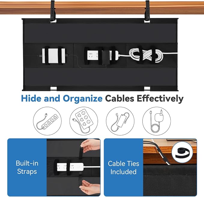 SHUWEI 36" Under Desk Cable Management Tray, Premium Fabric Cable Management for Desk, Clamp/Screw Mount Cable Tray for Office and Home (Black, 36" L)