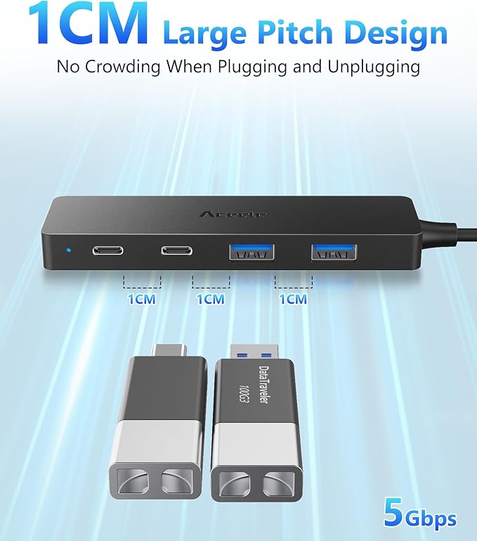 Aceele USB Hub 3.0 Splitter with 2 USB-C and 2 USB-A, 4 Ports Ultra-Slim Multiport Expander Adapter with 4ft Extension Long Cable Cord, USB Extender for Desktop, Computer, PC, Laptop, iMac and More