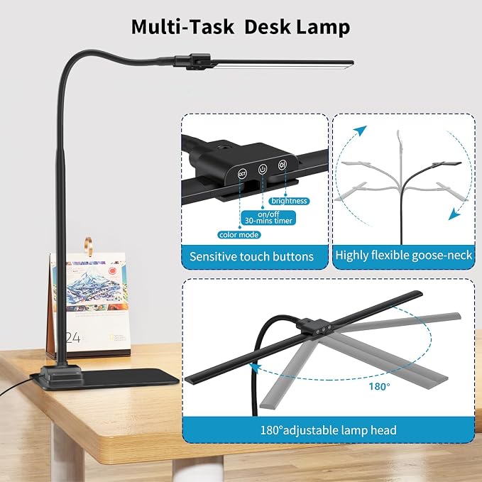 KableRika Desk Lamp Double Light: Bright Led Desk Lights for Home Office - Eye Care Reading Table Lamps with Base - Dimmable Desktop Lighting for Computer Monitor Study Drafting