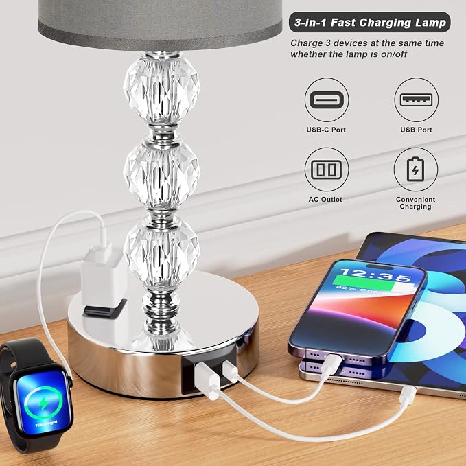 Grey Touch Bedside Lamps for Bedrooms - Crystal Table Lamp with USB C+A Charging Port and AC Outlet Nightstand, 3 Way Dimmable Silver Small End Side Table Lamp for Living/Guest/Dinning Room/Kitchen