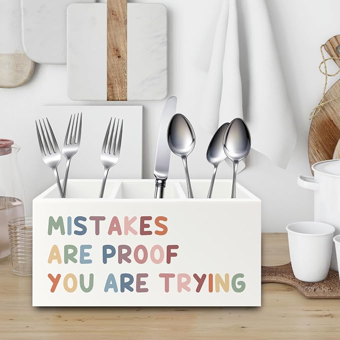 Boho Inspirational Pen Pencil Holder Organizer for Desk, Positive Inspirational Gifts, Mistakes are Proof You are Trying Motivational Wooden Box Sign for Classroom Desk Tabletop Decorations