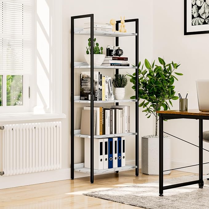 NUMENN Bookshelf, 5 Tier Bookshelves, Home Office Bookcase Shelf Storage Organizer, Free Standing Storage Shelving Unit for Bedroom, Living Room and Home Office, White Marble