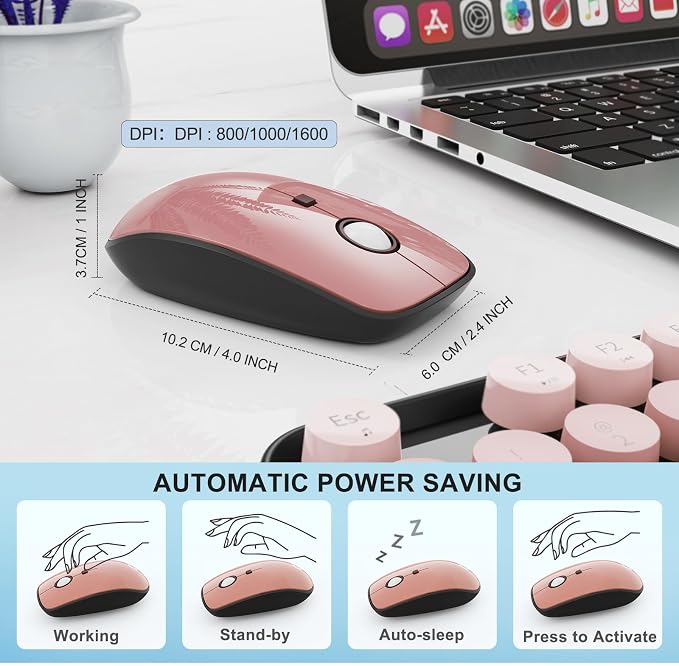 Wireless Keyboard and Mouse Combo, Retro Typewriter Style Keyboard with Round Keys, 2.4G Wireless Cute Keyboard and Mouse Set for PC, Laptop and Desktop-Black and Rose Gold