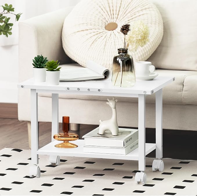Lerliuo Under Desk Printer Stand, 2-Tier Industrial Mobile Printer Table with Storage Shelf and Steel Frame, Rolling Printer Cart Holder with Lockable Wheels for Home, Office (White)