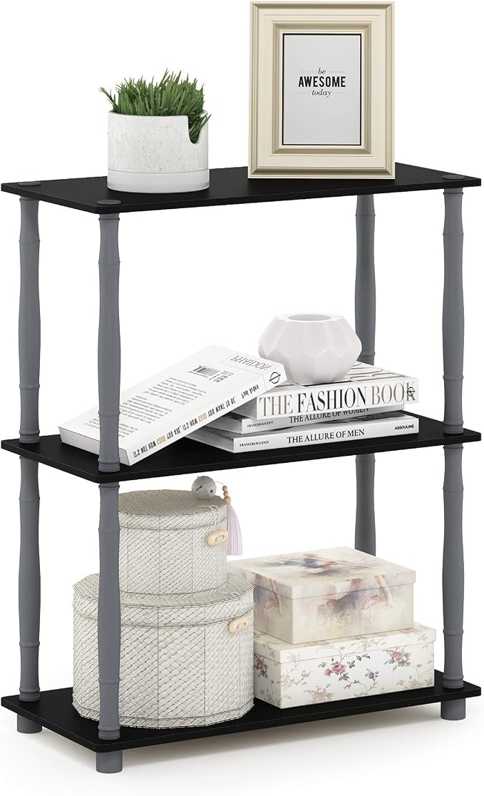 Furinno Turn-N-Tube 3-Tier Compact Multipurpose Shelf Display Rack with Classic Tube, Black/Grey