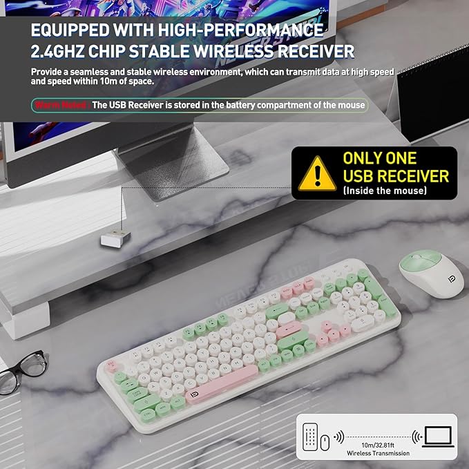 Wireless Keyboard and Mouse Combo with Switch Button- 2.4GHz Cordless Typewriter Keyboard | Auto-Sleep | USB Receiver for Windows PC/Laptop - White Colorful